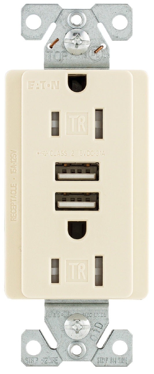 Eaton TR7755LA-BOX 15 Amp 125V Combination USB 3.1A Charger with Duplex Receptacle, Light Almond